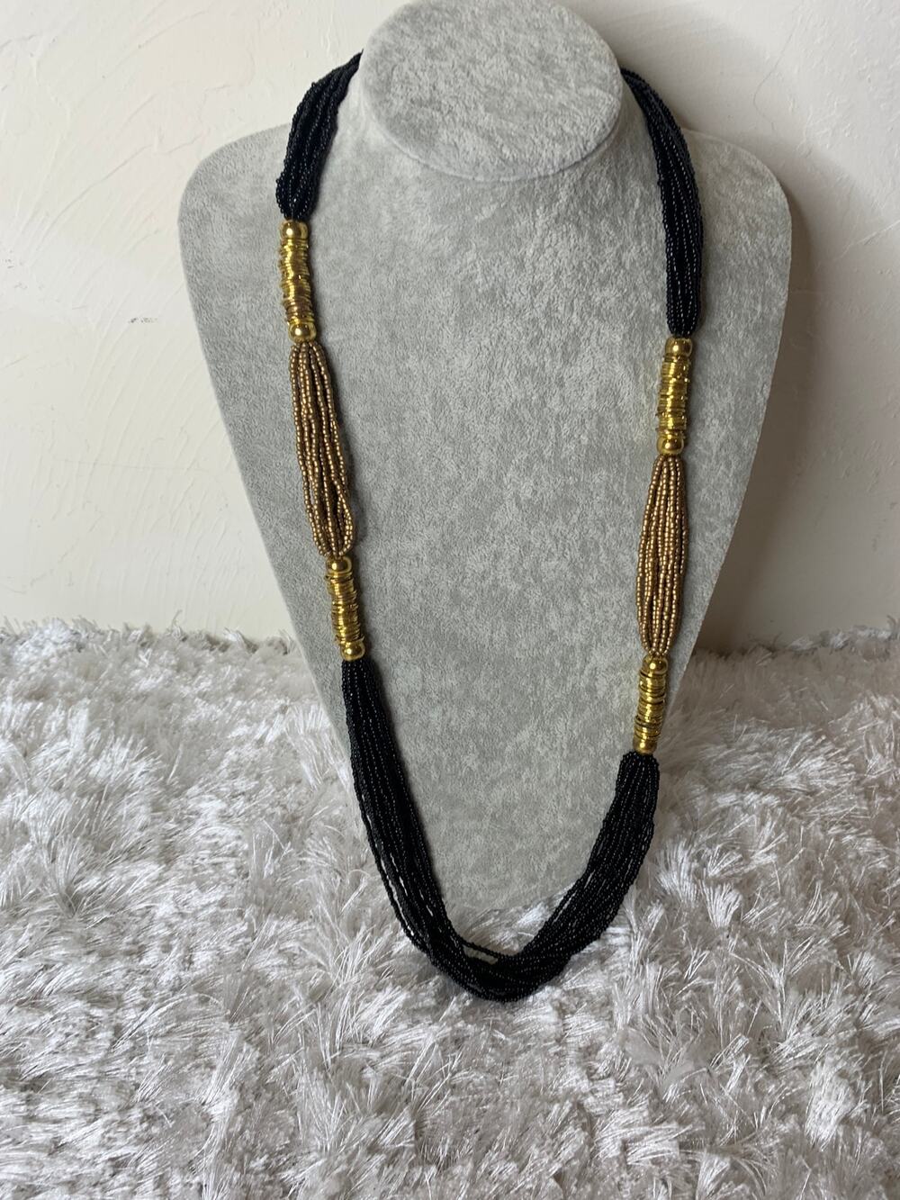 Black Gold Seed Bead Multichain Necklace Vintage 36" Statement